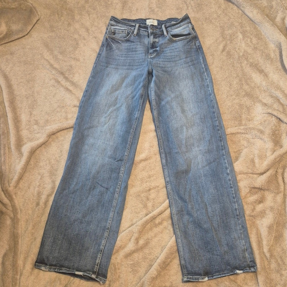 KanCan Wide Leg Jeans Medium Wash Distressed Frayed Hem KC9415D Size 7/27